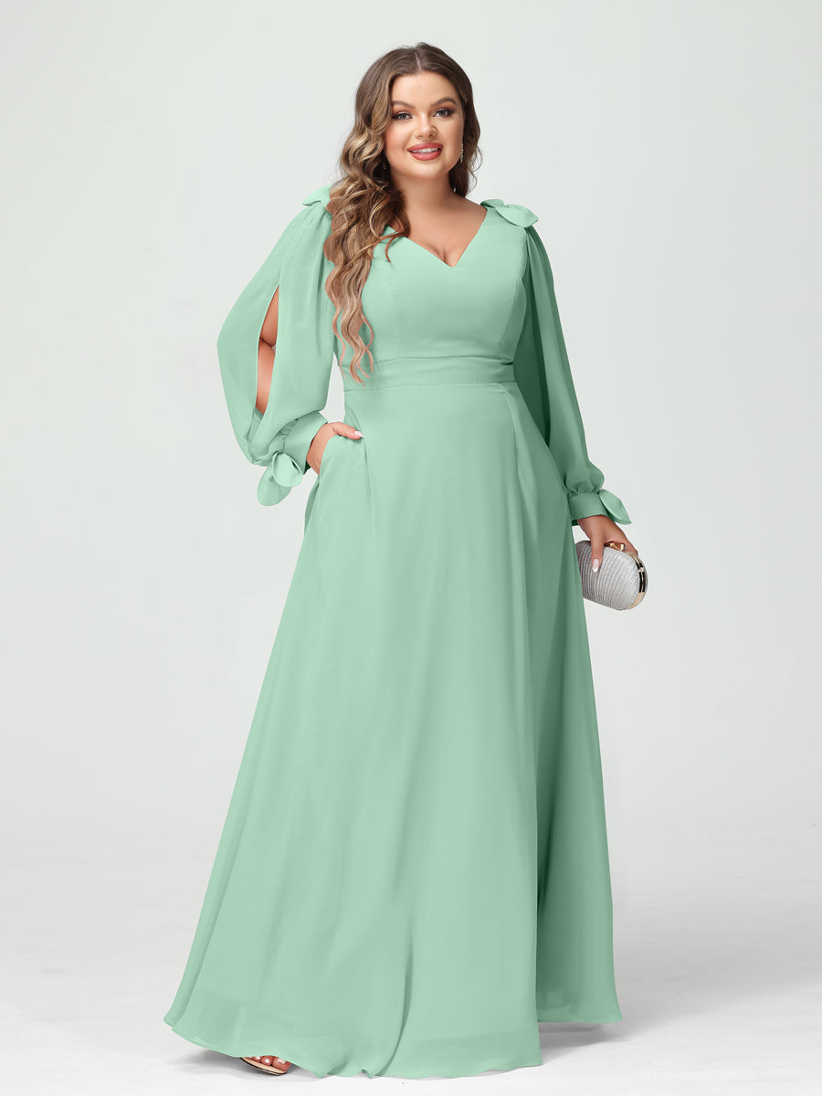 A-Line/Princess V-Neck Long Sleeves Chiffon Split Side Plus Size Bridesmaid Dresses with Pockets - 이미지 60