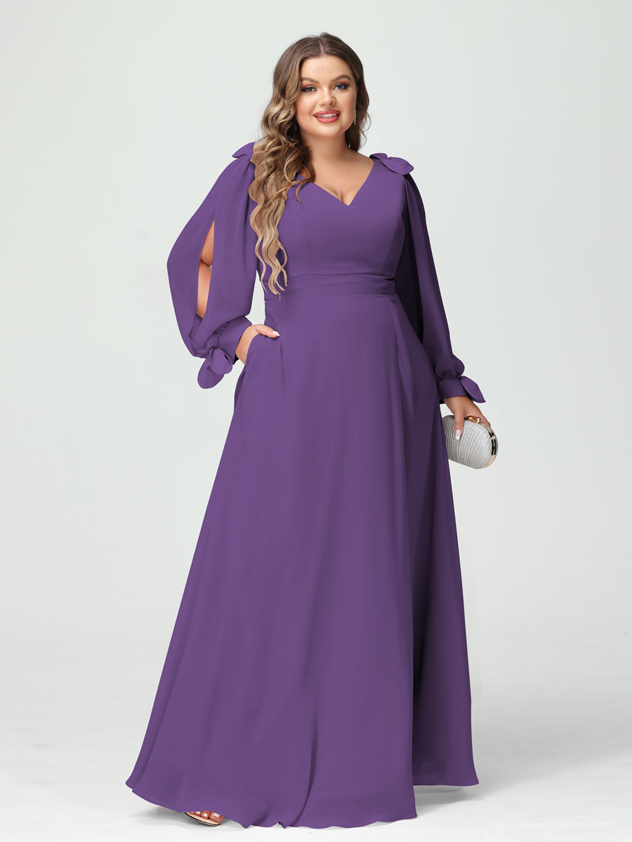 A-Line/Princess V-Neck Long Sleeves Chiffon Split Side Plus Size Bridesmaid Dresses with Pockets - 이미지 41