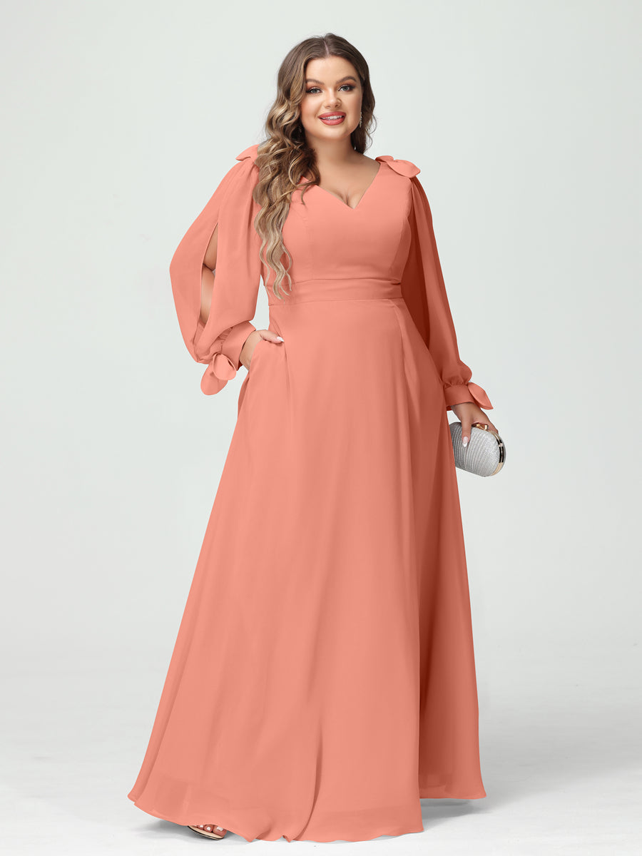 A-Line/Princess V-Neck Long Sleeves Chiffon Split Side Plus Size Bridesmaid Dresses with Pockets - 이미지 14