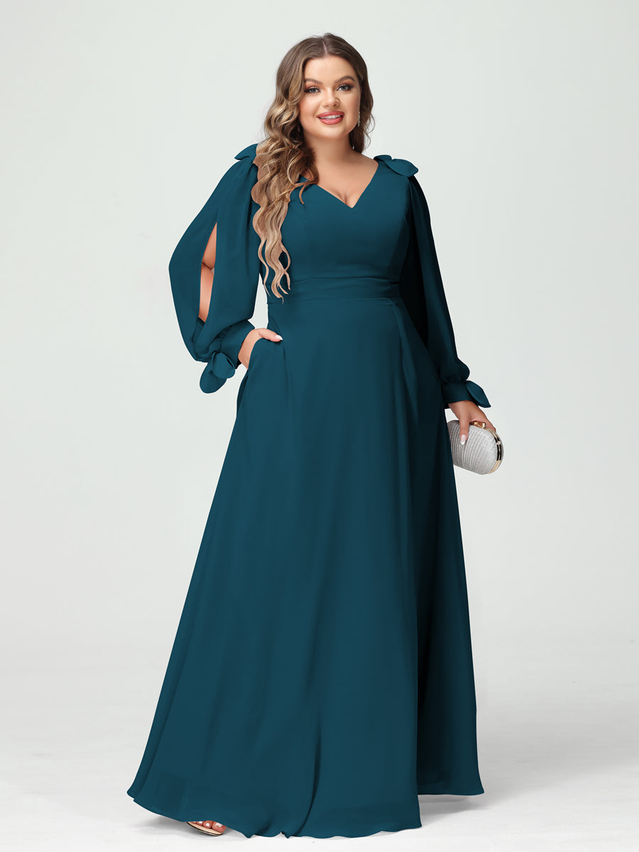 A-Line/Princess V-Neck Long Sleeves Chiffon Split Side Plus Size Bridesmaid Dresses with Pockets - 이미지 57