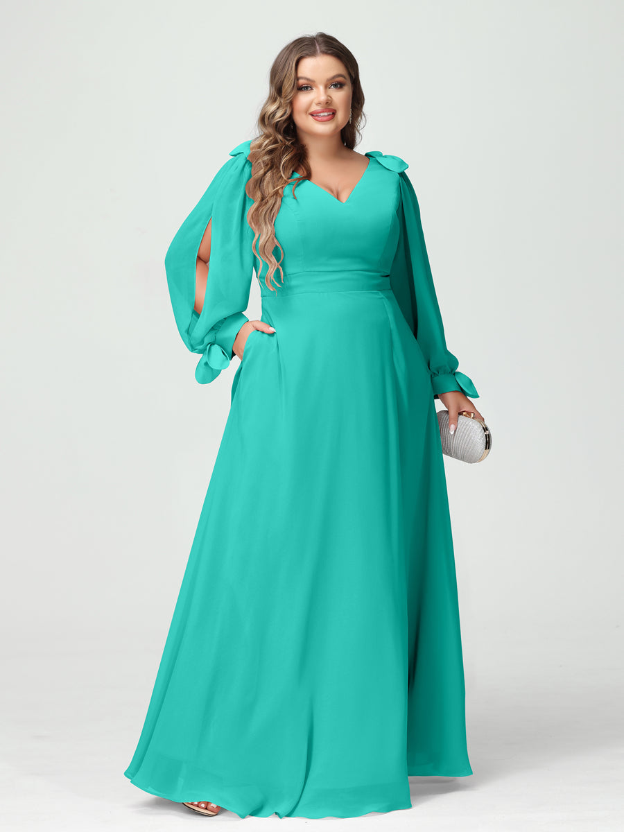 A-Line/Princess V-Neck Long Sleeves Chiffon Split Side Plus Size Bridesmaid Dresses with Pockets - 이미지 62