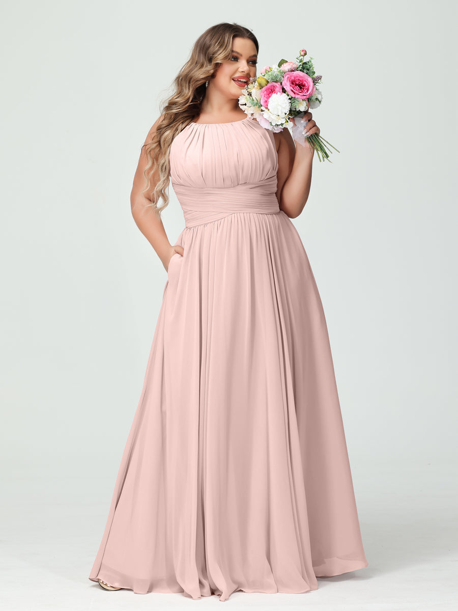 A-Line/Princess Spaghetti Straps Sleeveless Chiffon Ruched Plus Size Bridesmaid Dresses with Pockets - Image 26