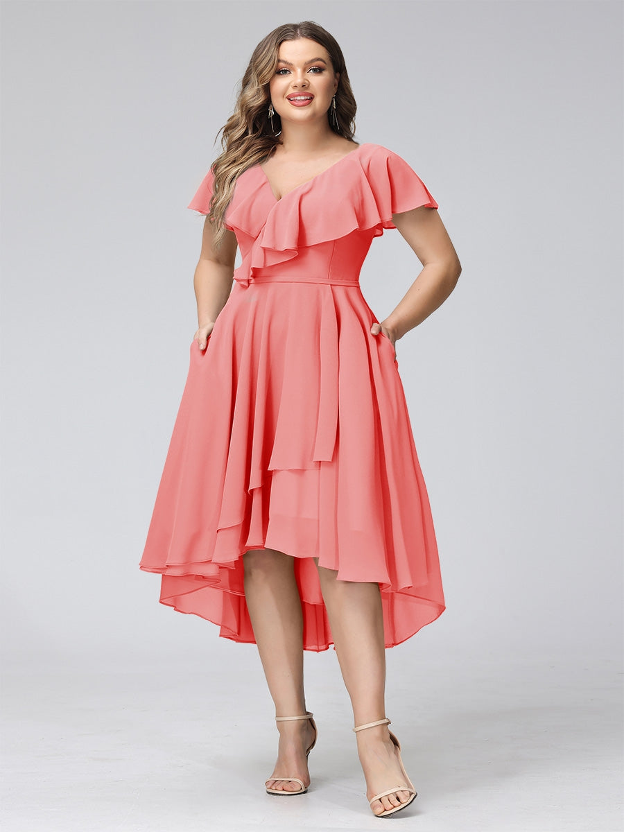 A-Line V-Neck Short Sleeves Asymmetrical Chiffon Plus Size Bridesmaid Dresses With Pockets - Image 44