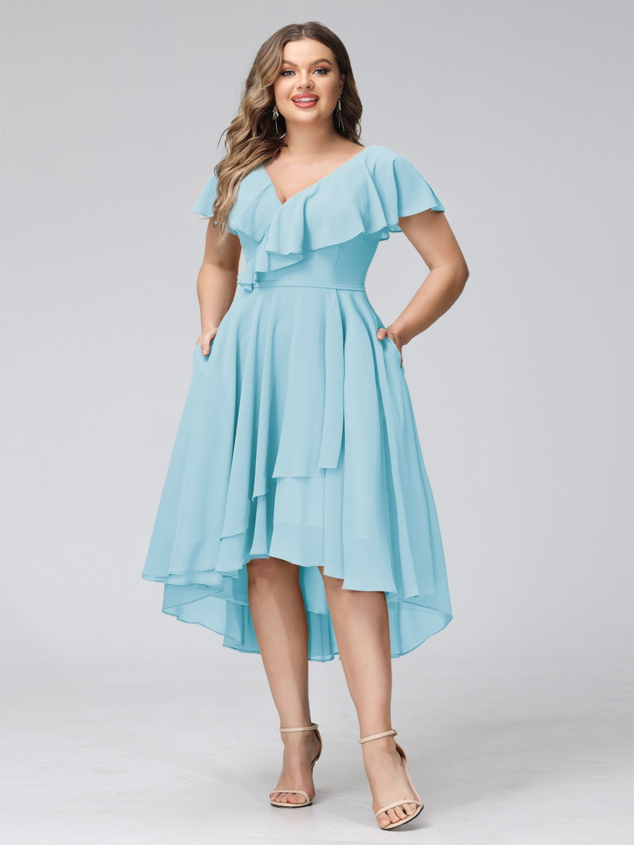 A-Line V-Neck Short Sleeves Asymmetrical Chiffon Plus Size Bridesmaid Dresses With Pockets - Image 55