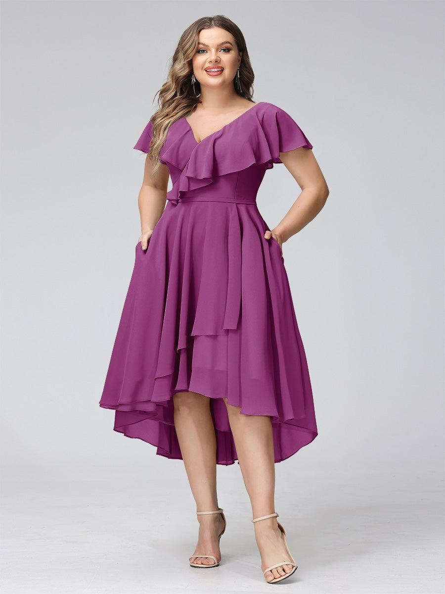 A-Line V-Neck Short Sleeves Asymmetrical Chiffon Plus Size Bridesmaid Dresses With Pockets - Image 62