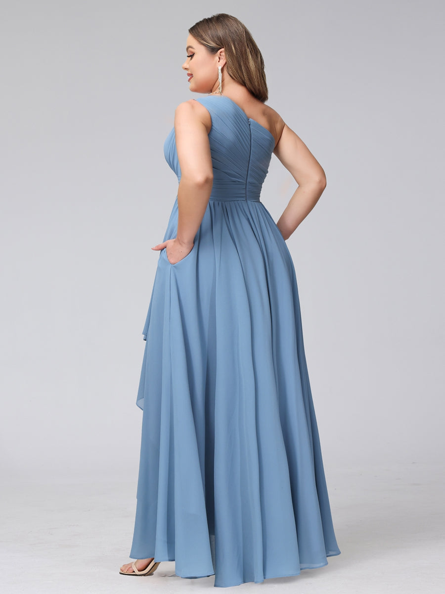 A-Line One-Shoulder Sleeveless Chiffon High Low Plus Size Bridesmaid Dresses with Pockets - 画像 (2)