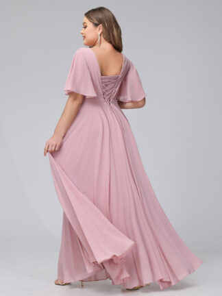 A-Line V-Neck Half Sleeves Long Chiffon Plus Size Bridesmaid Dresses With Ruffles Pockets