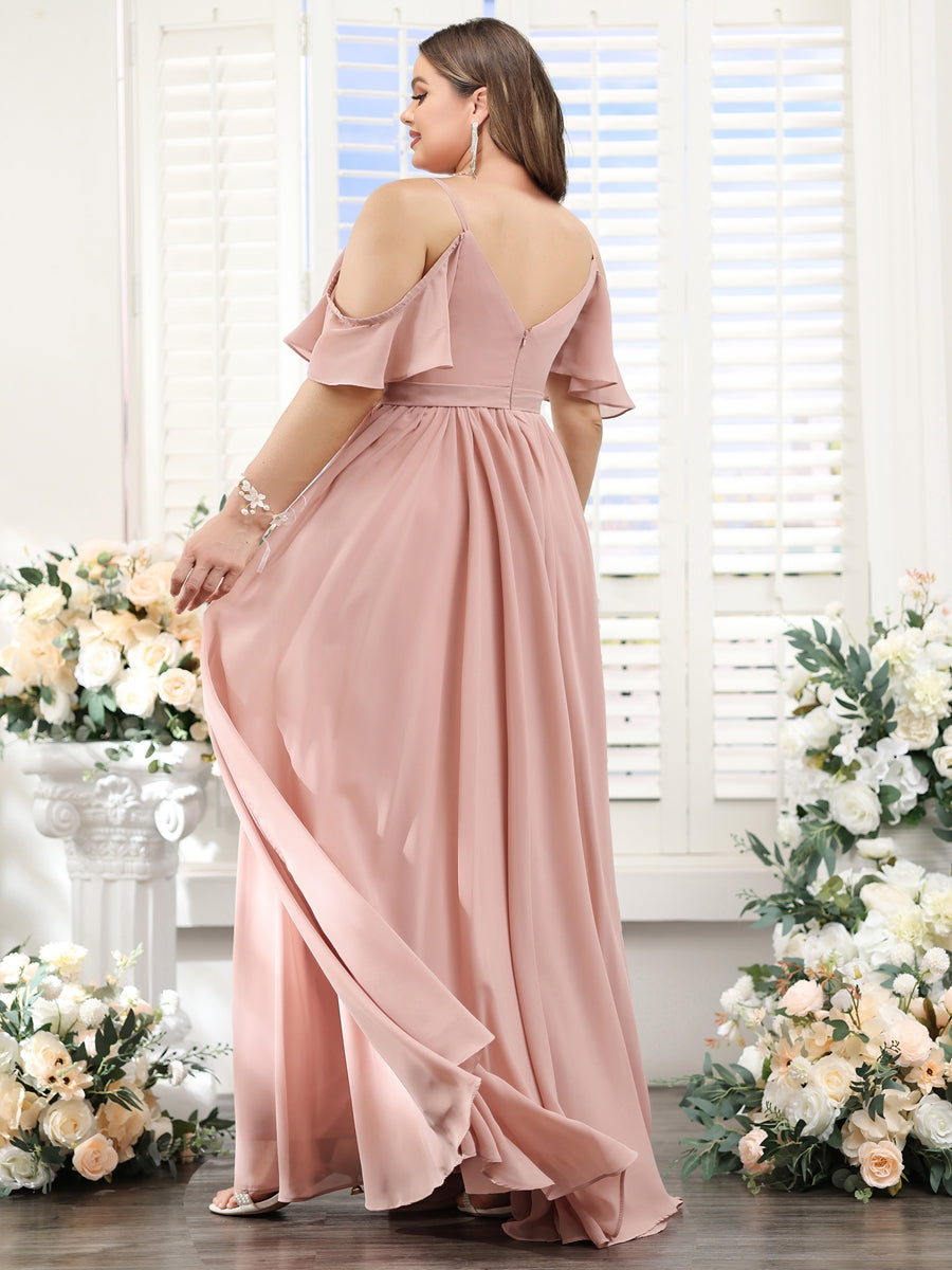 A-Line Spaghetti Straps Split Side Ruched Floor-Length Chiffon Plus Size Bridesmaid Dresses - 이미지 2