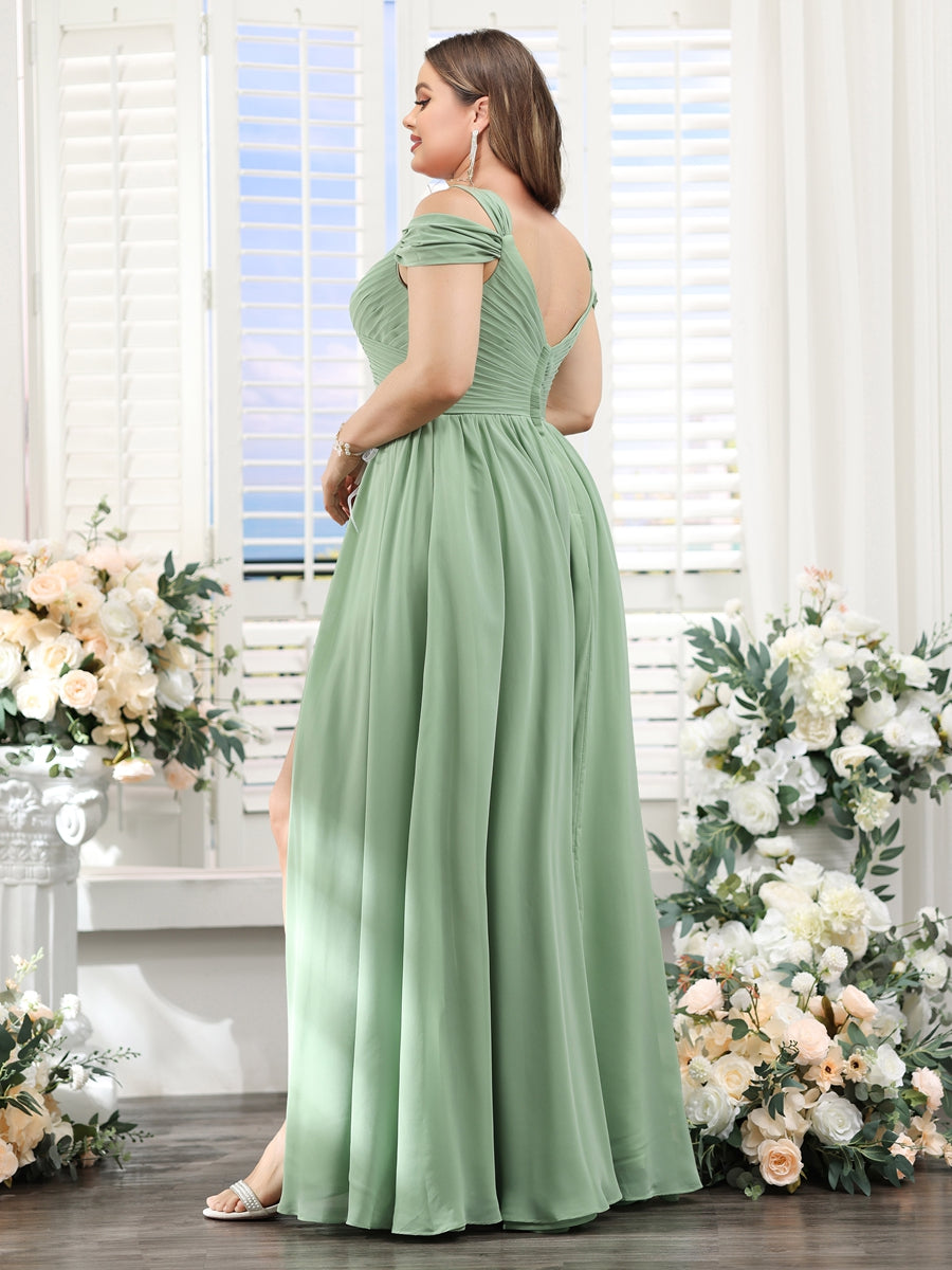 A-Line V-Neck Split Side Ruched Floor-Length Chiffon Plus Size Bridesmaid Dresses - 画像 (2)