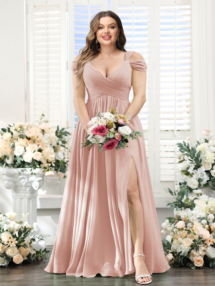 A-Line V-Neck Split Side Ruched Floor-Length Chiffon Plus Size Bridesmaid Dresses - 画像 (5)