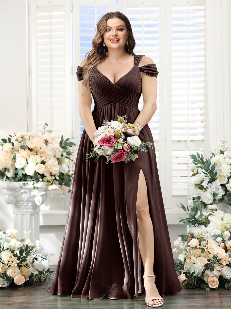 A-Line V-Neck Split Side Ruched Floor-Length Chiffon Plus Size Bridesmaid Dresses - 画像 (6)