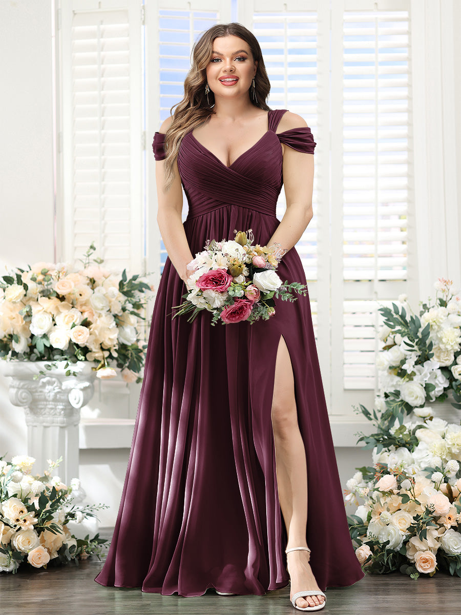 A-Line V-Neck Split Side Ruched Floor-Length Chiffon Plus Size Bridesmaid Dresses - 画像 (7)
