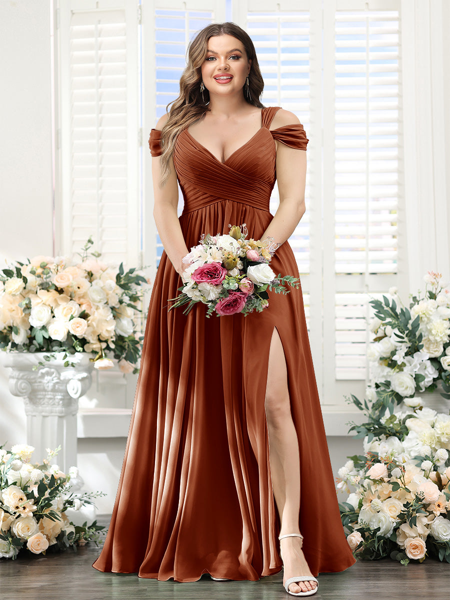 A-Line V-Neck Split Side Ruched Floor-Length Chiffon Plus Size Bridesmaid Dresses - 画像 (8)