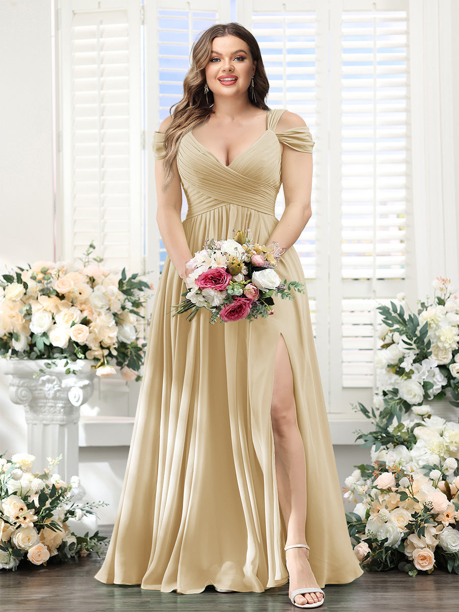 A-Line V-Neck Split Side Ruched Floor-Length Chiffon Plus Size Bridesmaid Dresses - 画像 (10)