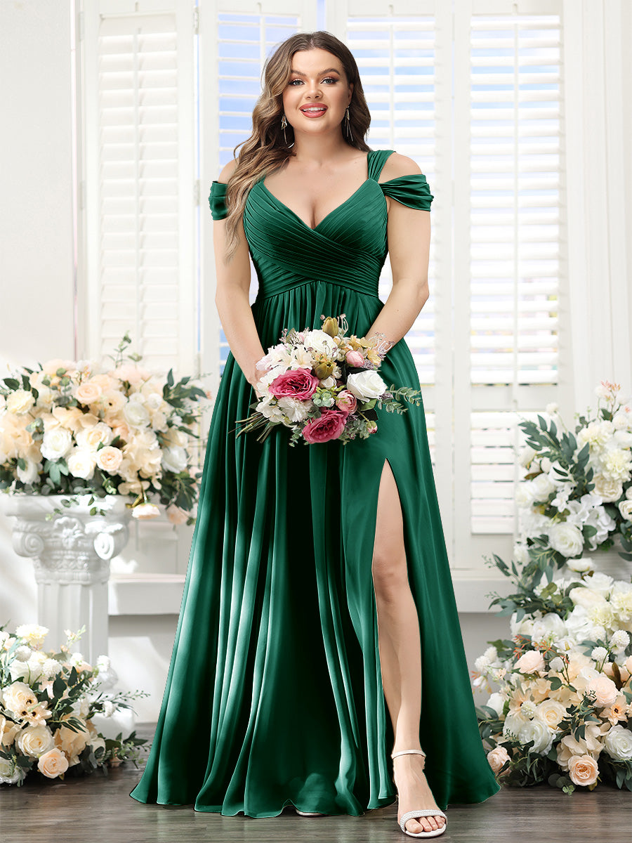 A-Line V-Neck Split Side Ruched Floor-Length Chiffon Plus Size Bridesmaid Dresses - 画像 (12)