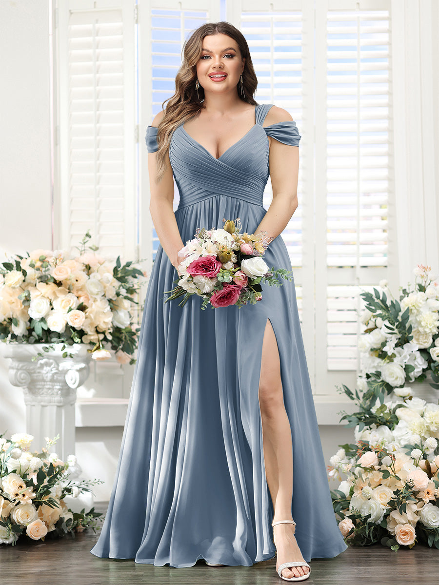A-Line V-Neck Split Side Ruched Floor-Length Chiffon Plus Size Bridesmaid Dresses - 画像 (14)