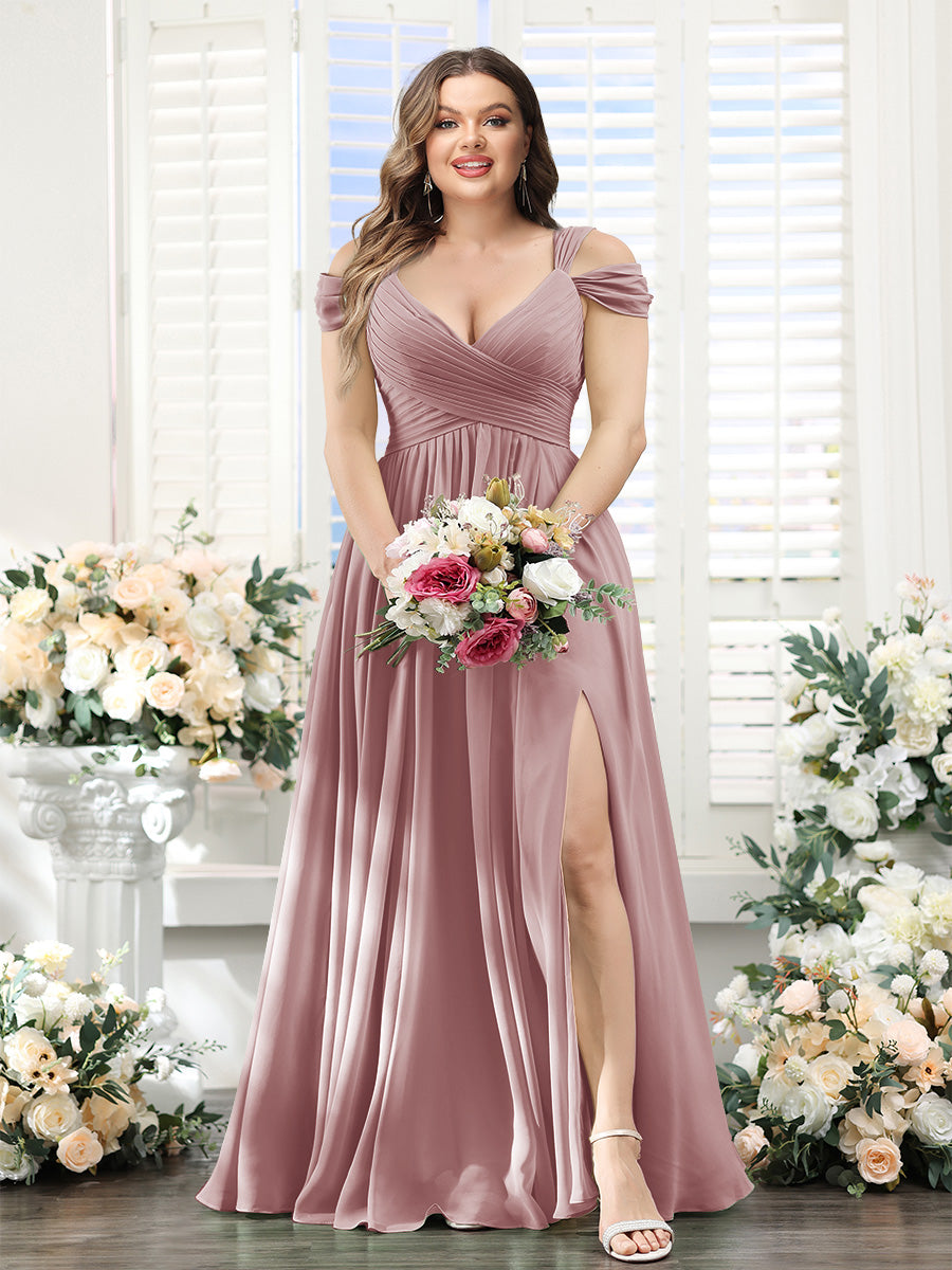 A-Line V-Neck Split Side Ruched Floor-Length Chiffon Plus Size Bridesmaid Dresses - 画像 (15)
