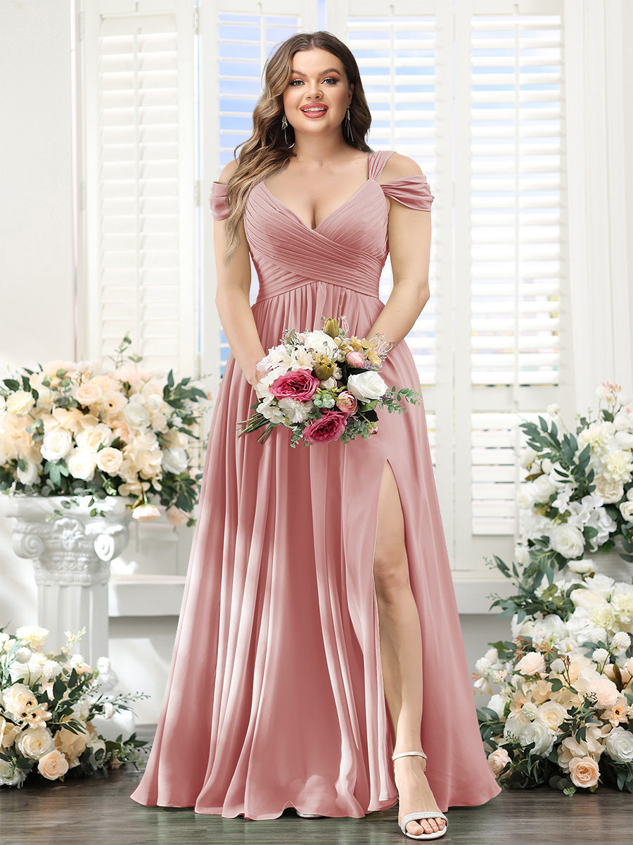 A-Line V-Neck Split Side Ruched Floor-Length Chiffon Plus Size Bridesmaid Dresses - 画像 (17)