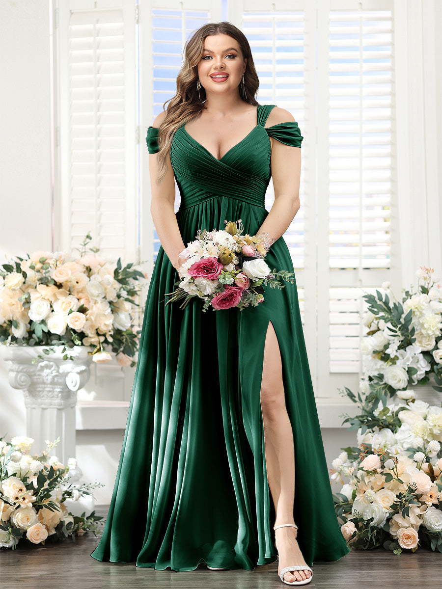 A-Line V-Neck Split Side Ruched Floor-Length Chiffon Plus Size Bridesmaid Dresses - 画像 (18)