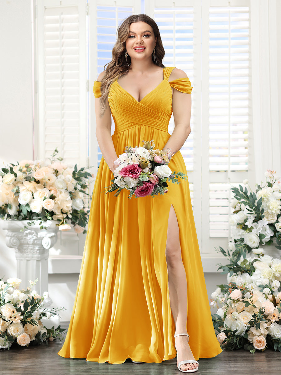 A-Line V-Neck Split Side Ruched Floor-Length Chiffon Plus Size Bridesmaid Dresses - 画像 (22)