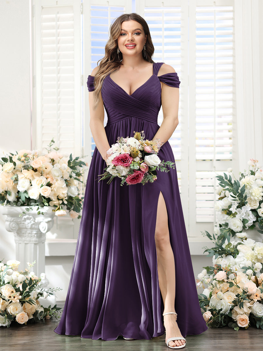 A-Line V-Neck Split Side Ruched Floor-Length Chiffon Plus Size Bridesmaid Dresses - 画像 (23)
