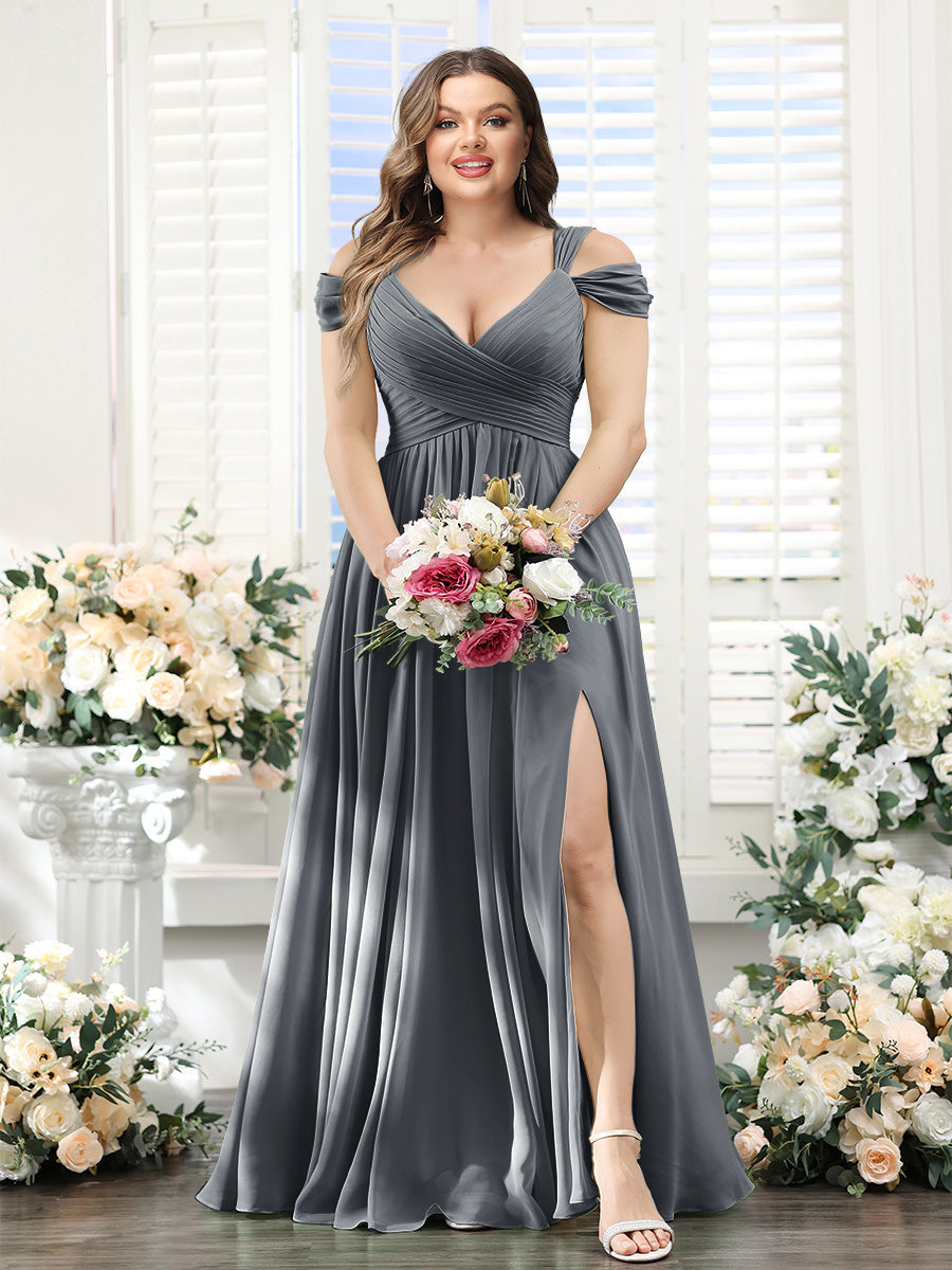A-Line V-Neck Split Side Ruched Floor-Length Chiffon Plus Size Bridesmaid Dresses - 画像 (24)