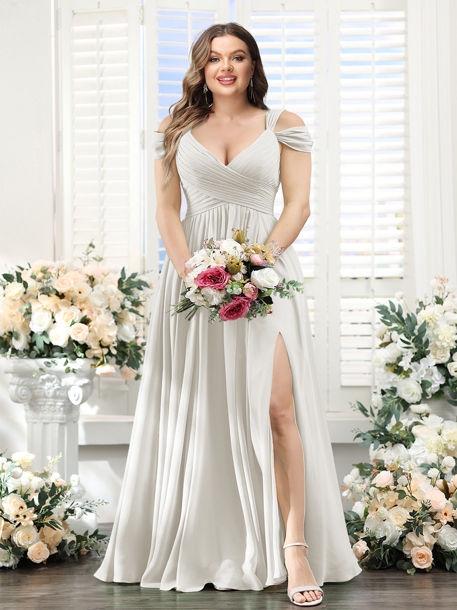A-Line V-Neck Split Side Ruched Floor-Length Chiffon Plus Size Bridesmaid Dresses - 画像 (27)