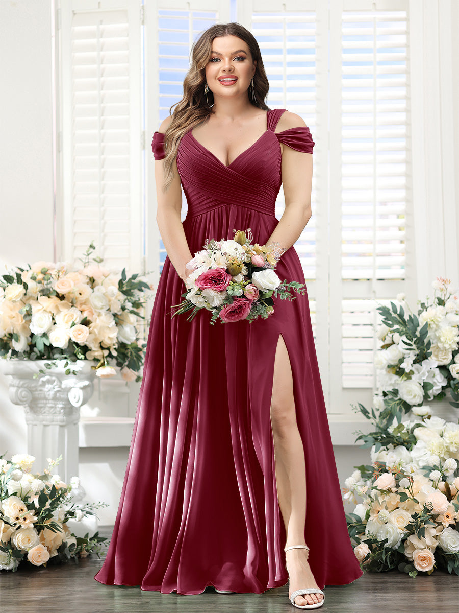 A-Line V-Neck Split Side Ruched Floor-Length Chiffon Plus Size Bridesmaid Dresses - 画像 (30)