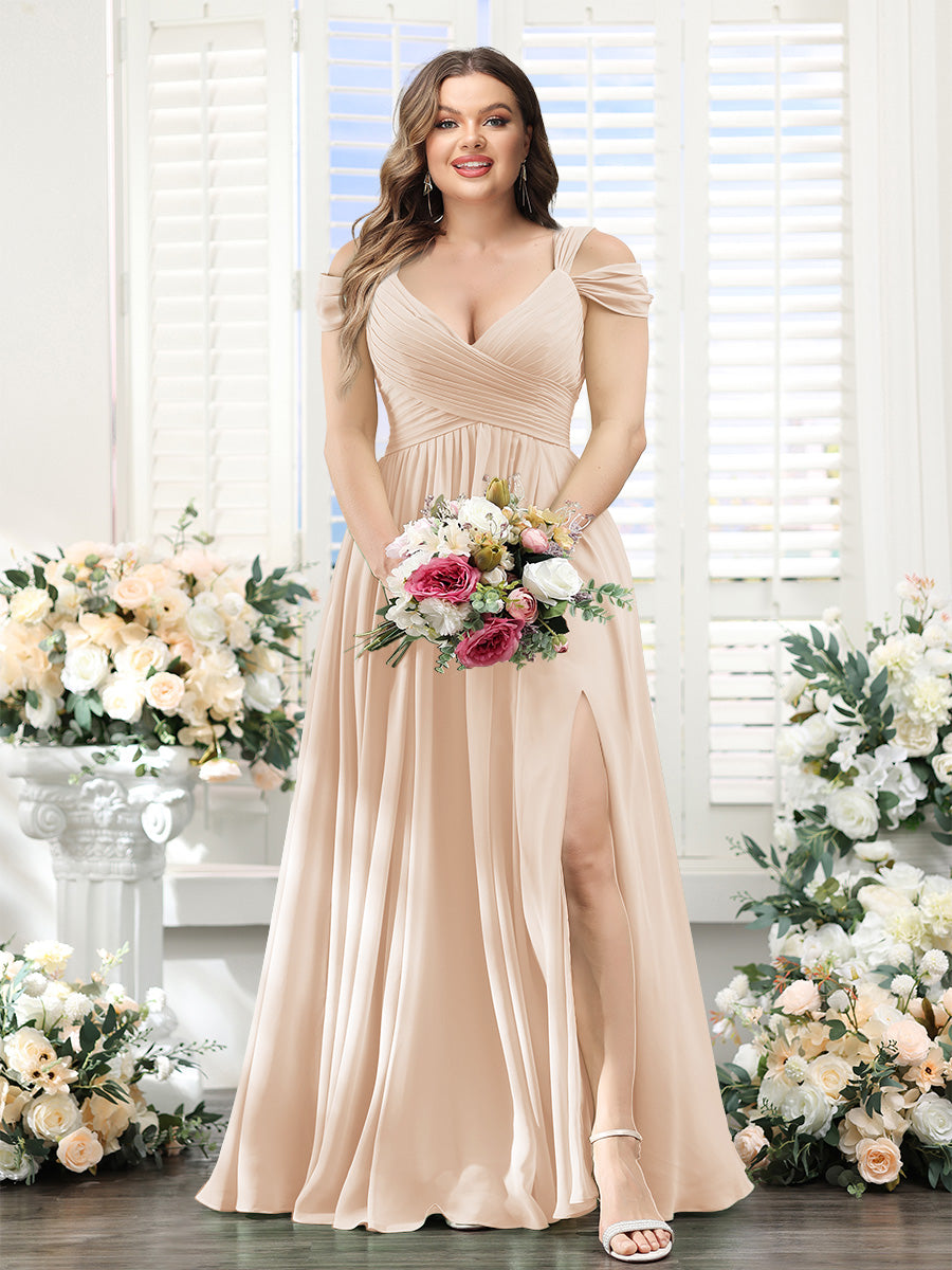 A-Line V-Neck Split Side Ruched Floor-Length Chiffon Plus Size Bridesmaid Dresses - 画像 (31)