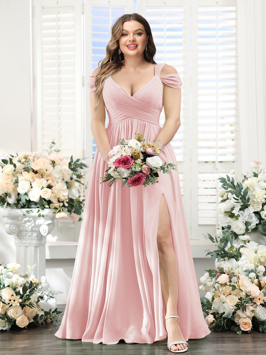 A-Line V-Neck Split Side Ruched Floor-Length Chiffon Plus Size Bridesmaid Dresses - 画像 (32)