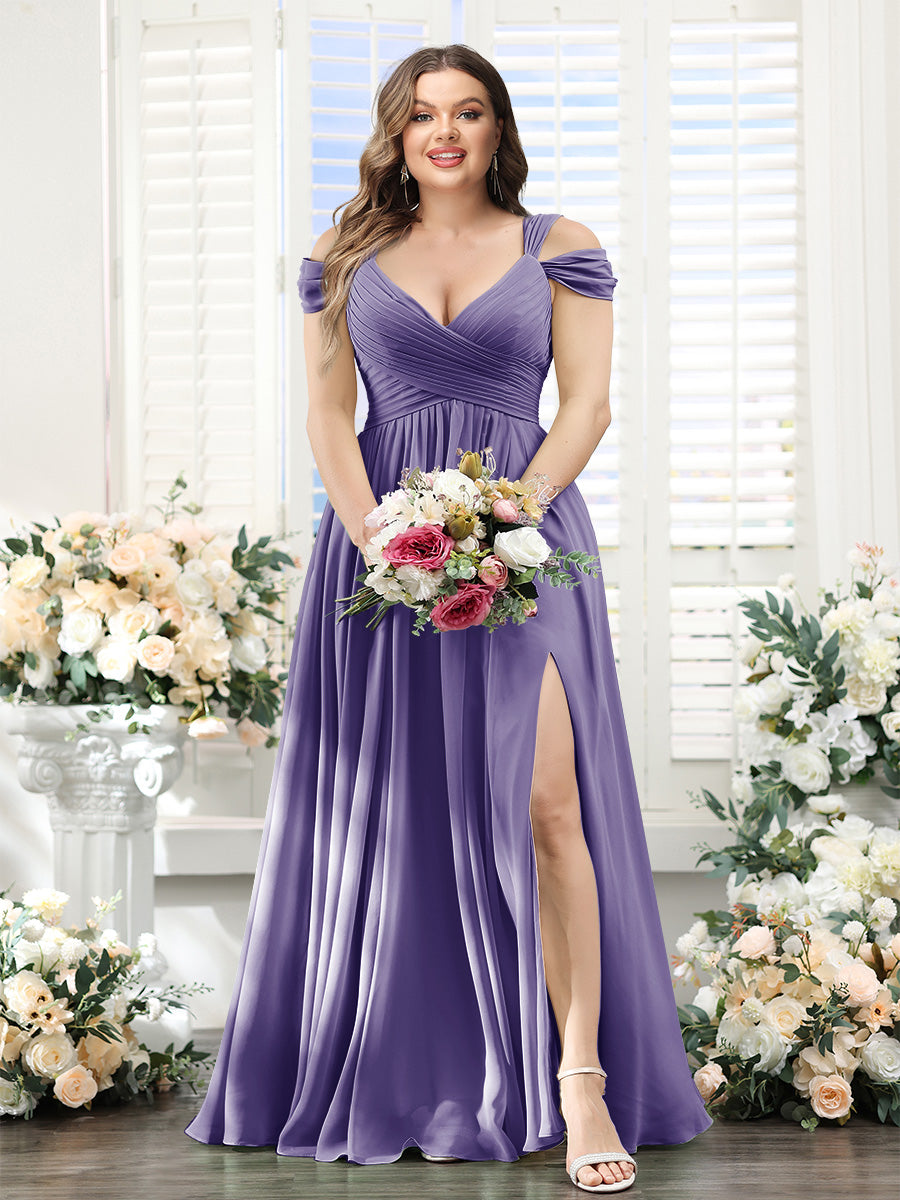 A-Line V-Neck Split Side Ruched Floor-Length Chiffon Plus Size Bridesmaid Dresses - 画像 (33)