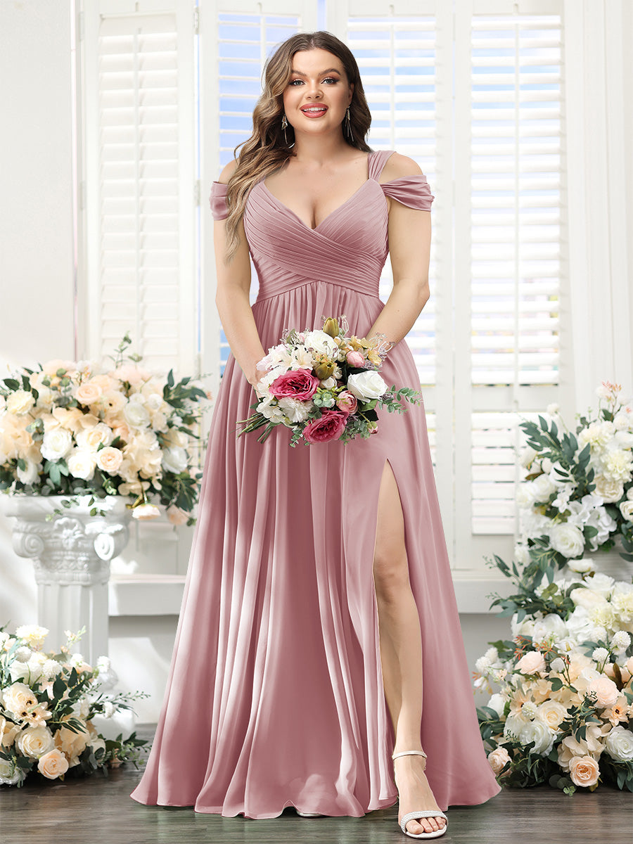 A-Line V-Neck Split Side Ruched Floor-Length Chiffon Plus Size Bridesmaid Dresses - 画像 (37)