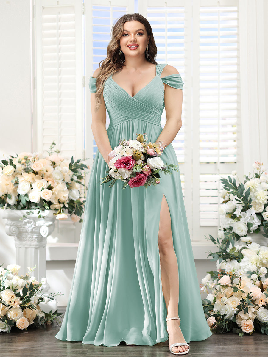 A-Line V-Neck Split Side Ruched Floor-Length Chiffon Plus Size Bridesmaid Dresses - 画像 (39)