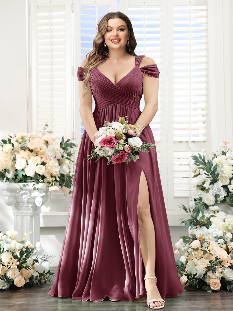 A-Line V-Neck Split Side Ruched Floor-Length Chiffon Plus Size Bridesmaid Dresses - 画像 (40)