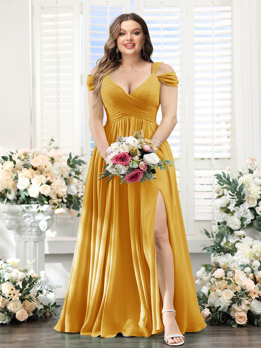 A-Line V-Neck Split Side Ruched Floor-Length Chiffon Plus Size Bridesmaid Dresses - 画像 (41)