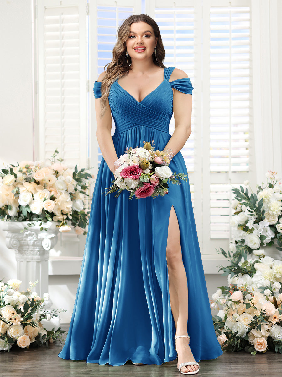 A-Line V-Neck Split Side Ruched Floor-Length Chiffon Plus Size Bridesmaid Dresses - 画像 (43)
