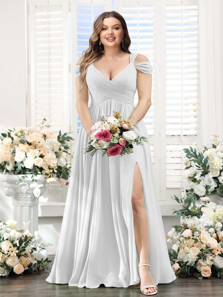 A-Line V-Neck Split Side Ruched Floor-Length Chiffon Plus Size Bridesmaid Dresses - 画像 (44)