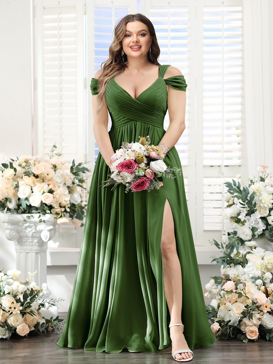 A-Line V-Neck Split Side Ruched Floor-Length Chiffon Plus Size Bridesmaid Dresses - 画像 (45)
