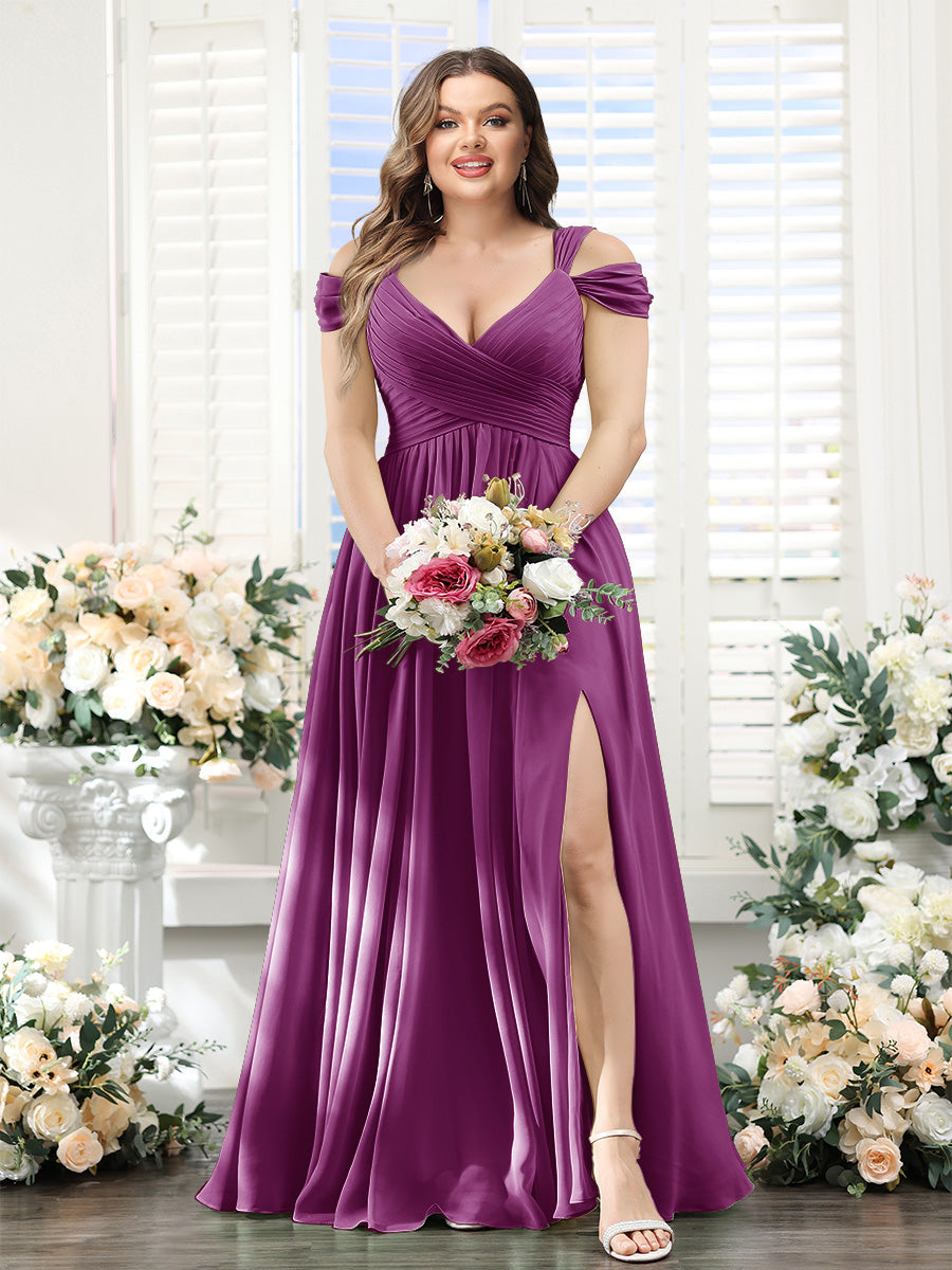 A-Line V-Neck Split Side Ruched Floor-Length Chiffon Plus Size Bridesmaid Dresses - 画像 (47)