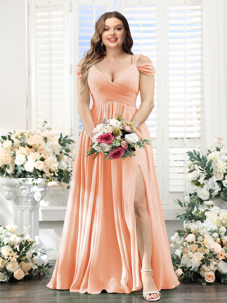 A-Line V-Neck Split Side Ruched Floor-Length Chiffon Plus Size Bridesmaid Dresses - 画像 (48)