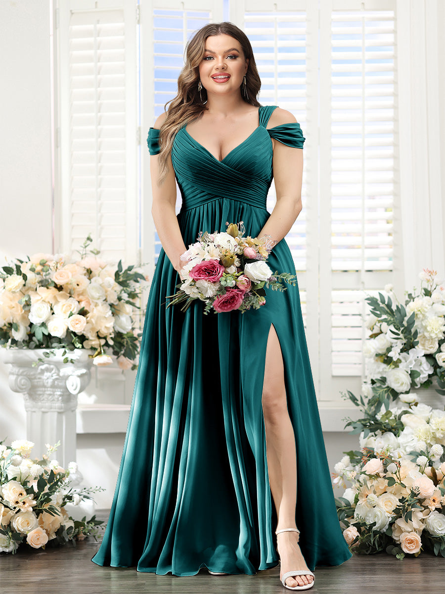 A-Line V-Neck Split Side Ruched Floor-Length Chiffon Plus Size Bridesmaid Dresses - 画像 (49)