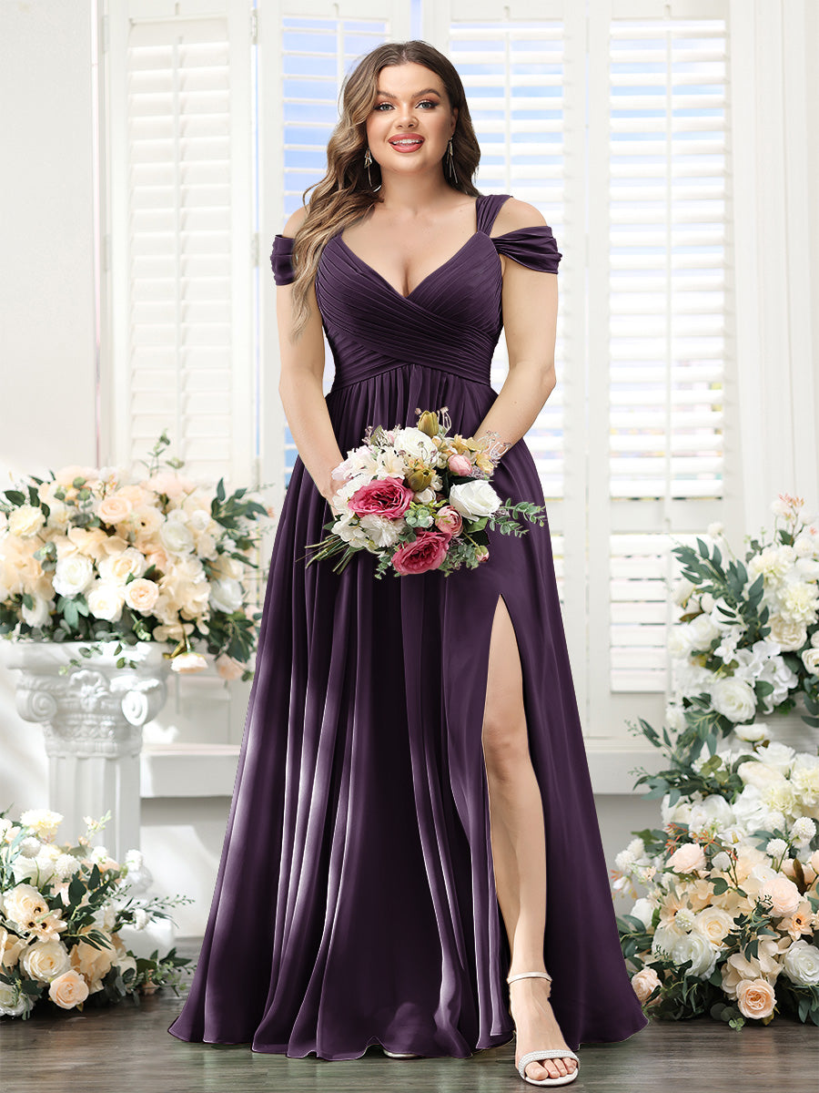 A-Line V-Neck Split Side Ruched Floor-Length Chiffon Plus Size Bridesmaid Dresses - 画像 (52)