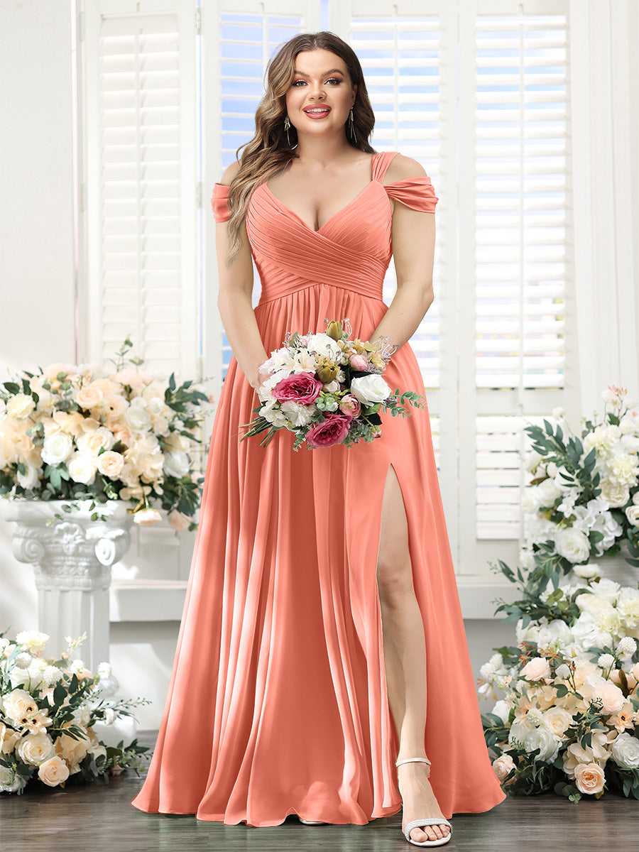 A-Line V-Neck Split Side Ruched Floor-Length Chiffon Plus Size Bridesmaid Dresses - 画像 (58)