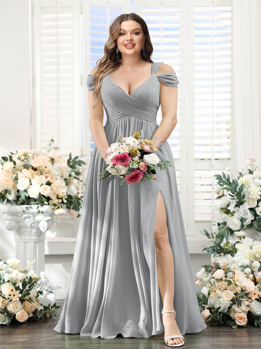 A-Line V-Neck Split Side Ruched Floor-Length Chiffon Plus Size Bridesmaid Dresses - 画像 (59)