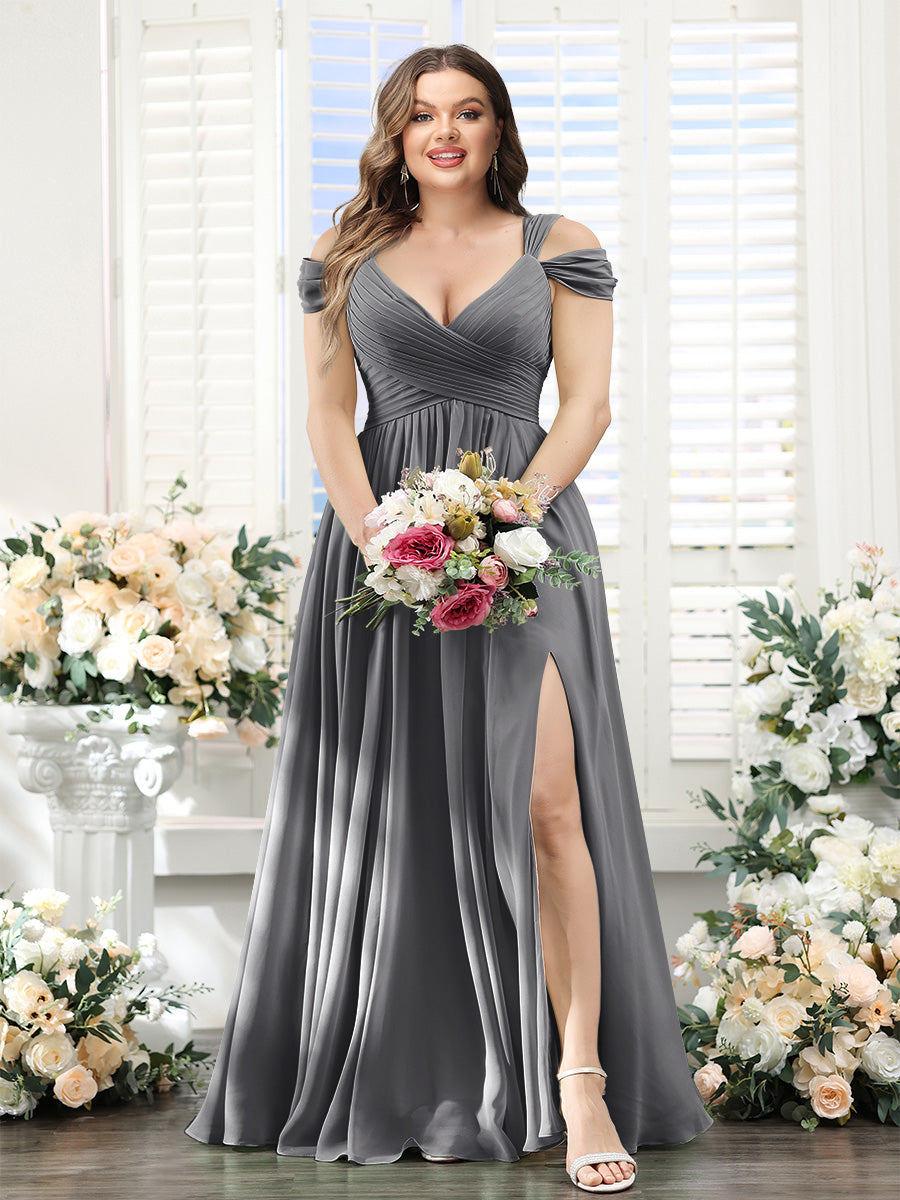 A-Line V-Neck Split Side Ruched Floor-Length Chiffon Plus Size Bridesmaid Dresses - 画像 (60)