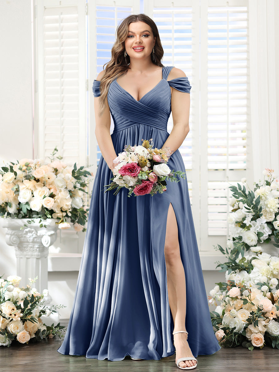 A-Line V-Neck Split Side Ruched Floor-Length Chiffon Plus Size Bridesmaid Dresses - 画像 (63)