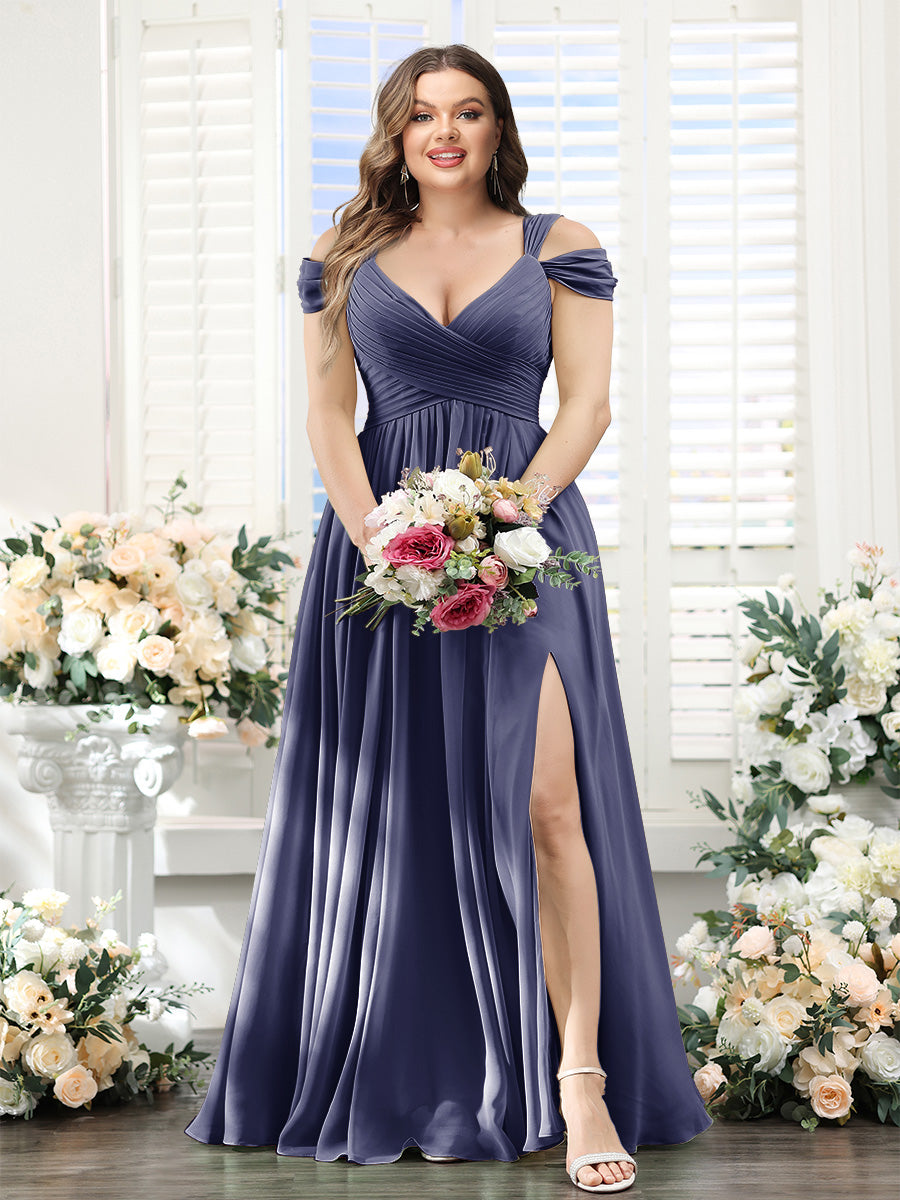 A-Line V-Neck Split Side Ruched Floor-Length Chiffon Plus Size Bridesmaid Dresses - 画像 (64)