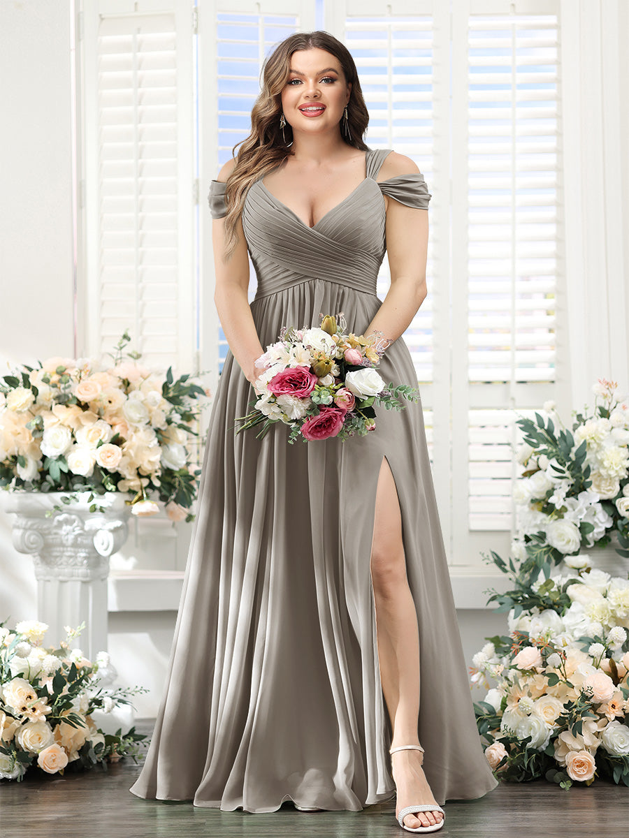 A-Line V-Neck Split Side Ruched Floor-Length Chiffon Plus Size Bridesmaid Dresses - 画像 (65)
