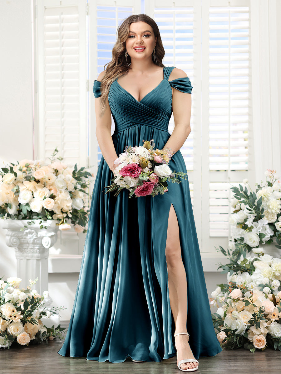 A-Line V-Neck Split Side Ruched Floor-Length Chiffon Plus Size Bridesmaid Dresses - 画像 (66)