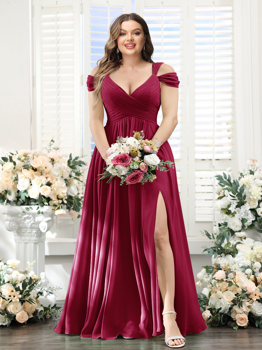 A-Line V-Neck Split Side Ruched Floor-Length Chiffon Plus Size Bridesmaid Dresses - 画像 (69)